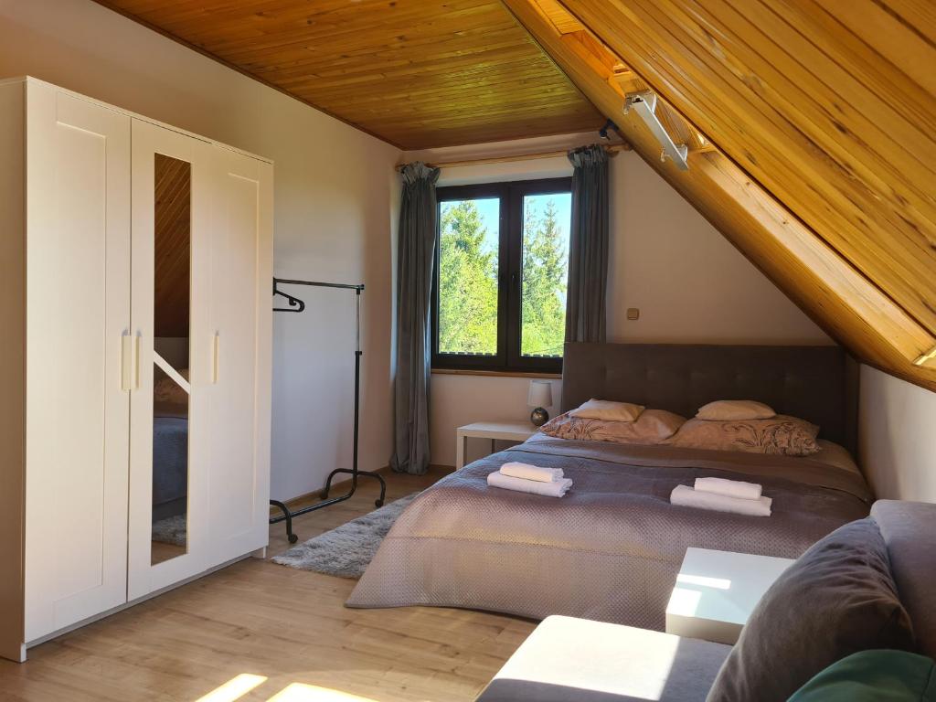 LubomierzForest House的一间卧室设有一张床和一个窗口