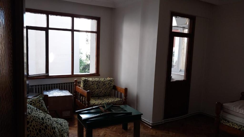 伊斯坦布尔Flat Kavisli的客厅配有两把椅子和一张桌子,窗户