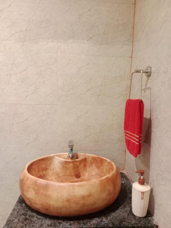 那格浦尔Nakshatra Guest House的一个带红色毛巾的浴室内的木制水槽