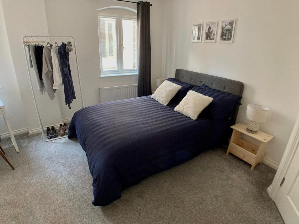 贝尔法斯特Emily Lane Apartments的一间卧室配有蓝色的床和两个枕头