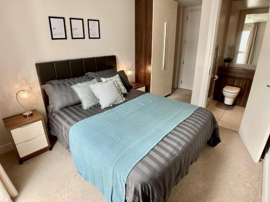 贝尔法斯特Hamilton Road Apartments的一间卧室配有一张带蓝色毯子的大床