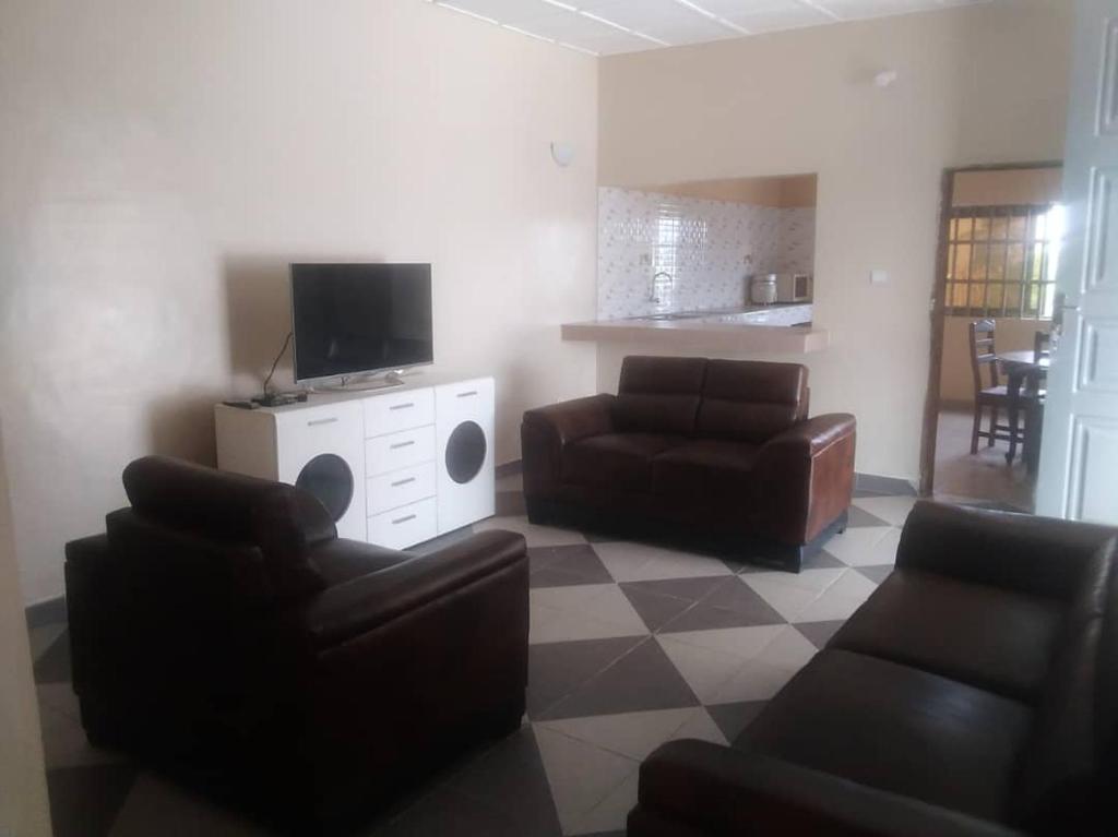 科托努Fidjrossé Beach的客厅配有两张沙发和一台电视机