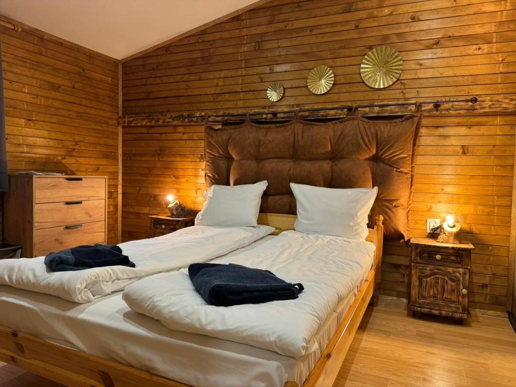 波罗维茨Chalet Iskar Borovets的一间卧室配有一张大床和两个枕头