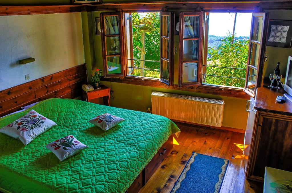 维兹伊萨斯托伊考斯酒店的一间设有绿床的卧室,位于带窗户的房间内