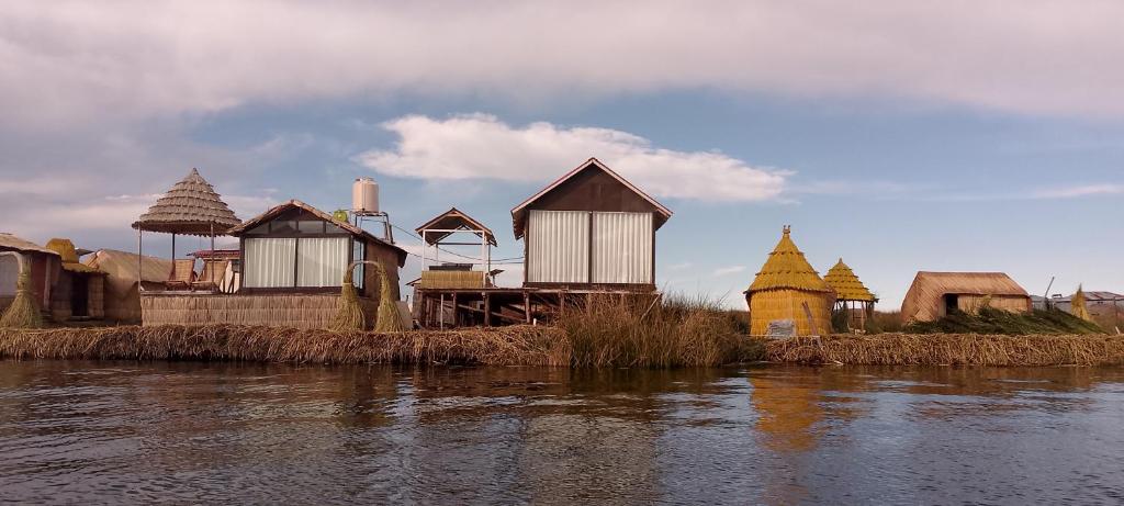 普诺Coila Titicaca lodge的水中岛上的一群房子