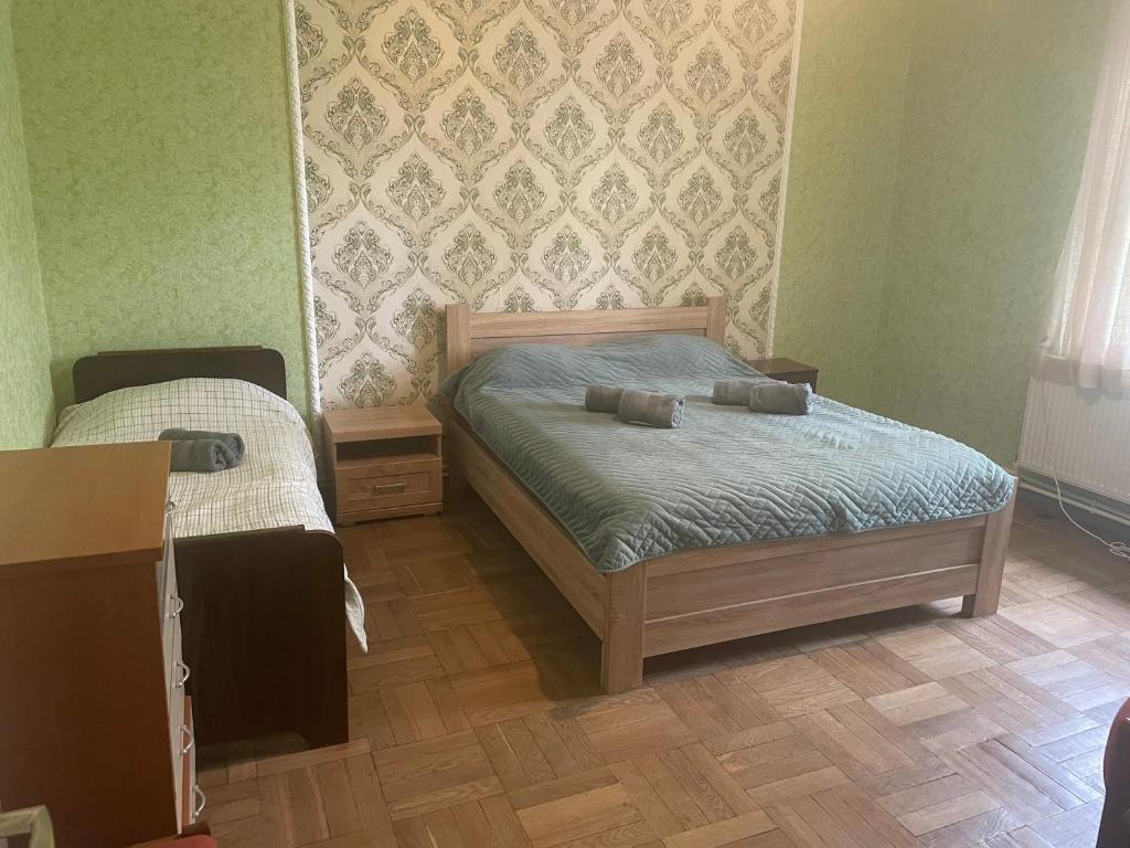 阿巴斯图马尼Abastumani Apartment的一间卧室设有两张床,铺有木地板