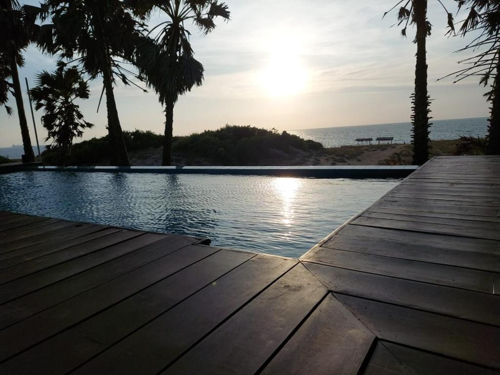 卡尔皮蒂耶Majestic Beach Retreat的享有棕榈树游泳池和大海的景色