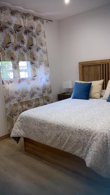 阿雷纳斯德圣佩德罗Edulis 1的一间卧室配有一张带蓝色枕头的大床