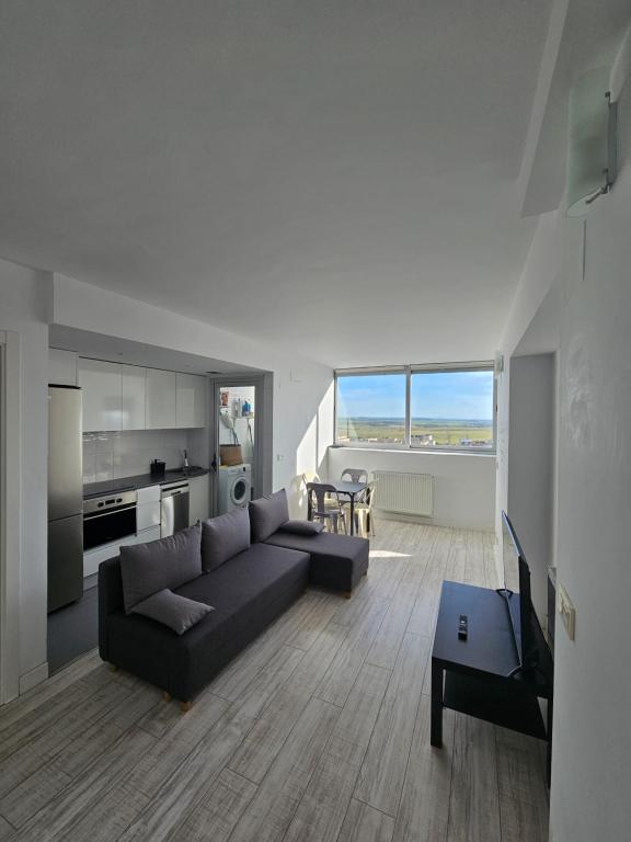马德里Cómodo apartamento en Madrid的一间带黑色沙发的客厅和一间厨房
