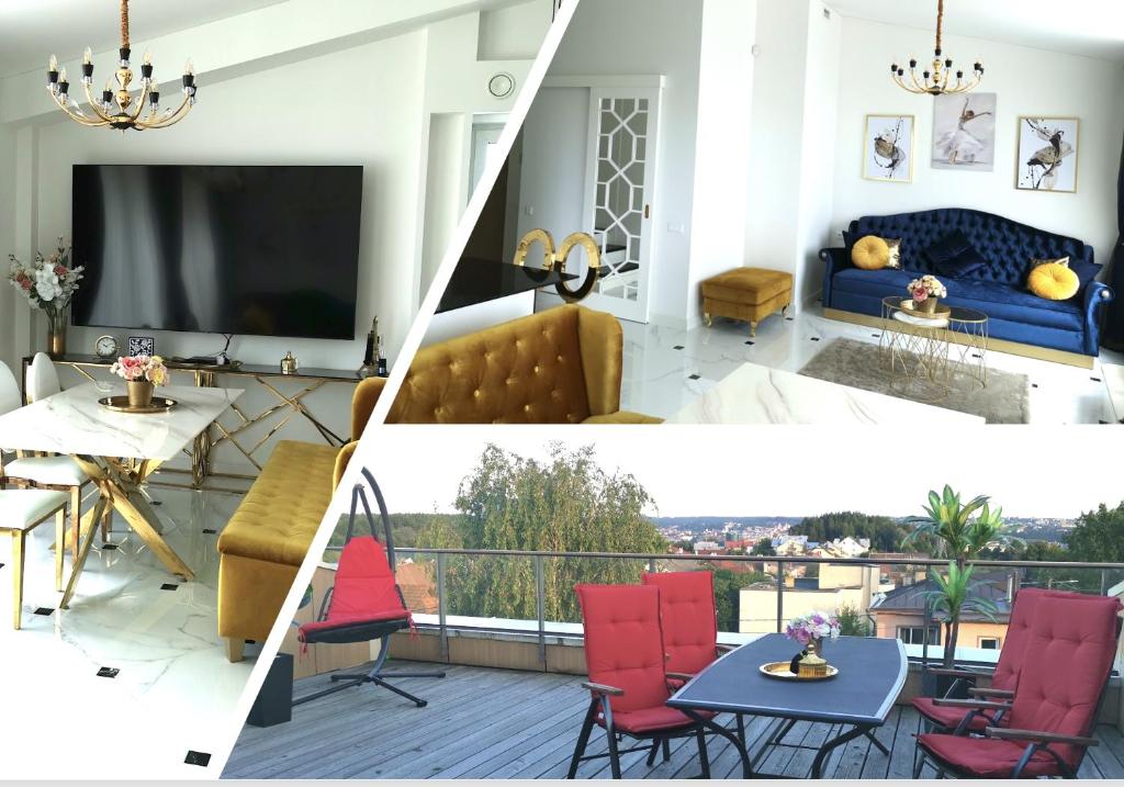 维尔纽斯Luxury Penthouse with Large Terrace & Panoramic Old Town View的带电视的客厅和阳台。