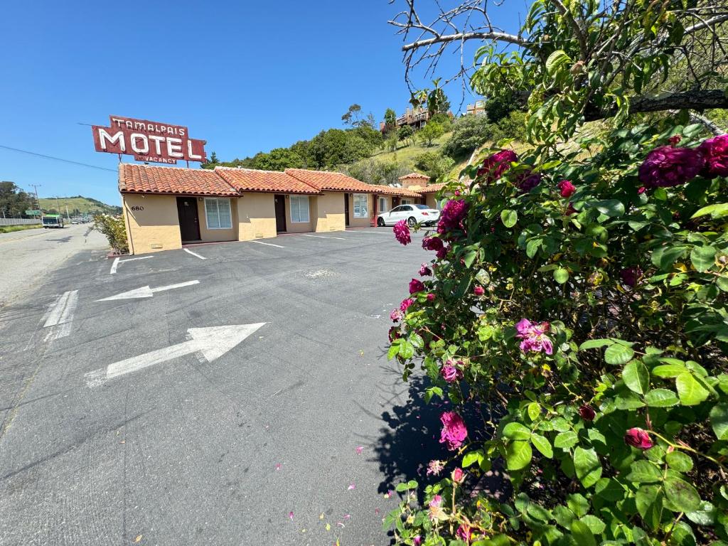 米尔谷塔马尔派斯汽车旅馆的一个空的停车场,有汽车旅馆标志和鲜花