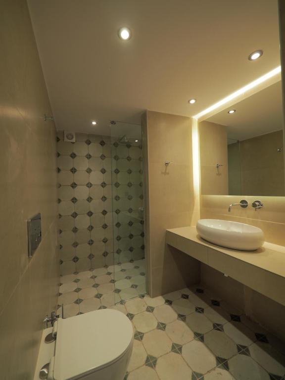 阿里奥波利斯Sophia Town Square Areopoli的浴室配有卫生间、盥洗盆和淋浴。