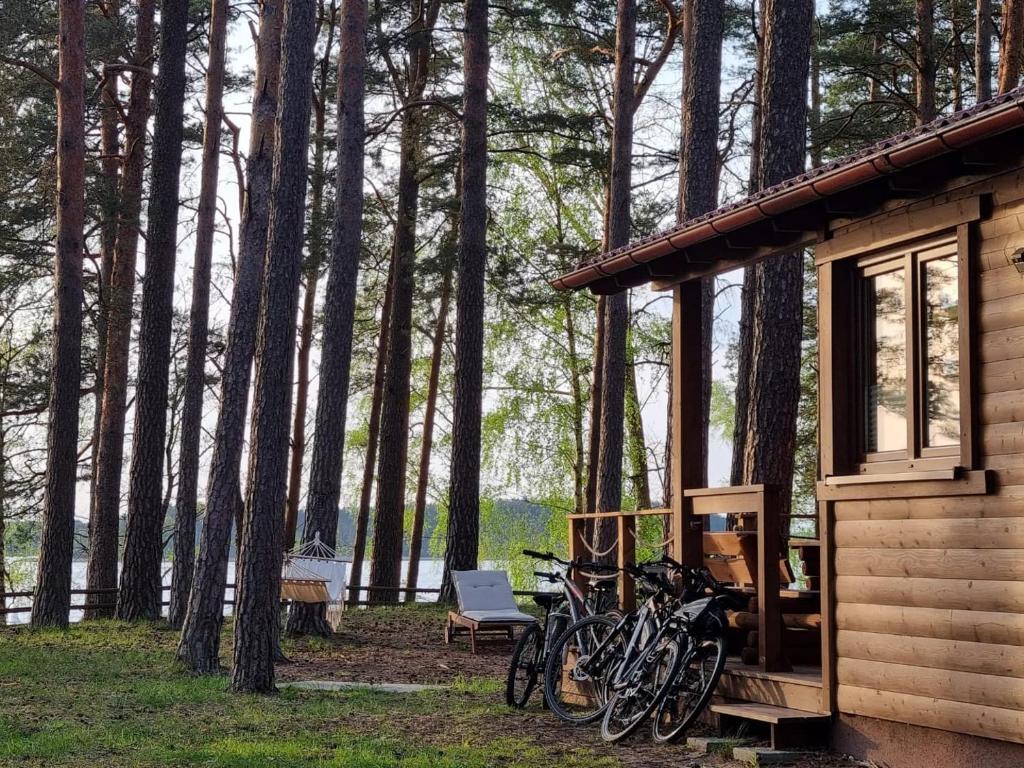 博尔斯克Jasnochówka 16 Domek z Bezpośrednim Widokiem na Jezioro的停在小屋外的一组自行车