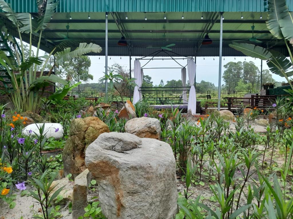 泉兰Mina Café & Stay的花园内有两个石头雕像的花园