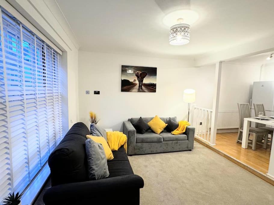 科尔切斯特Cosy Home in City Centre的客厅配有黑色沙发和黄色枕头