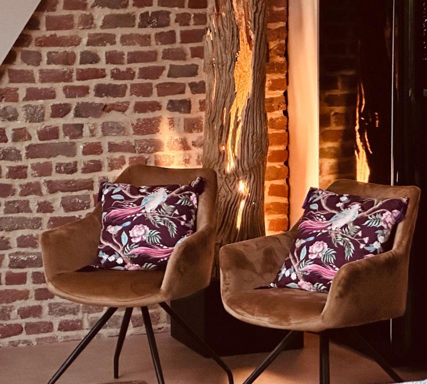普罗丰德维耶Vue sur Green的两把椅子和枕头坐在砖墙旁边