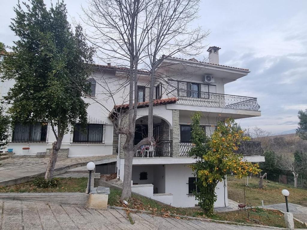 塞萨洛尼基Villa in Trilofos-close to the beach的带阳台和树的白色房屋