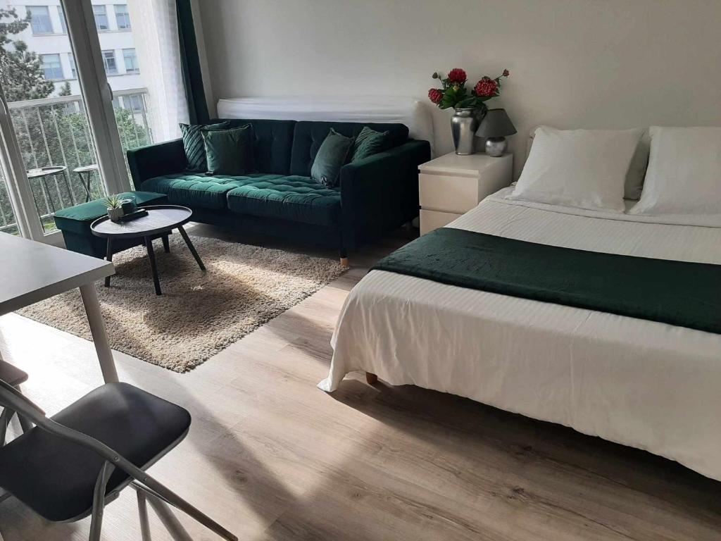 巴黎Magnifique Studio de 25 m2的一间卧室配有绿色的床和沙发