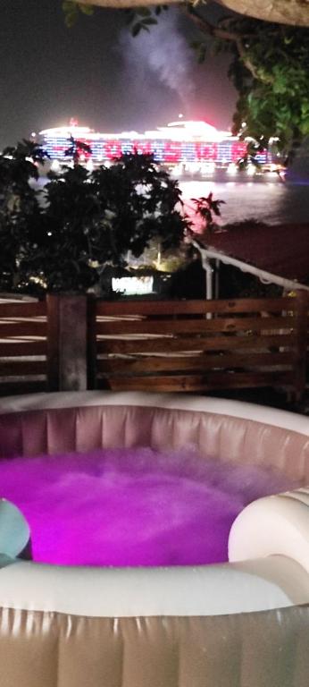 法兰西堡BE BLUE GREEN的热水浴池在晚上装满紫色水
