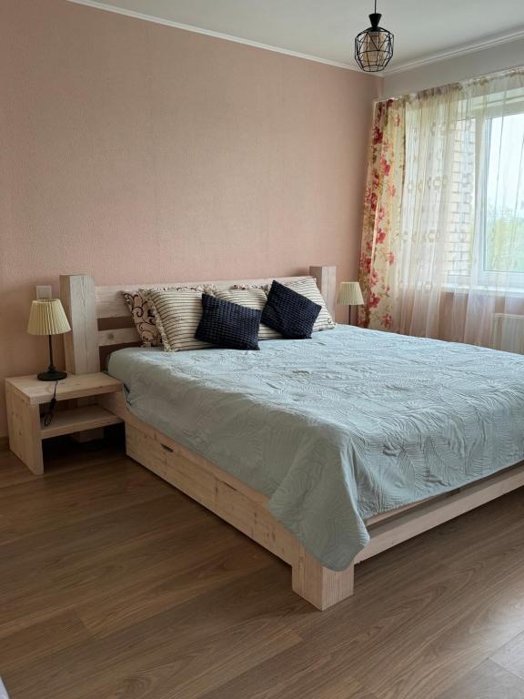 AizkraukleAizkraukles studio tipa dzīvoklis的一间卧室配有一张大床,提供蓝色的床单和枕头