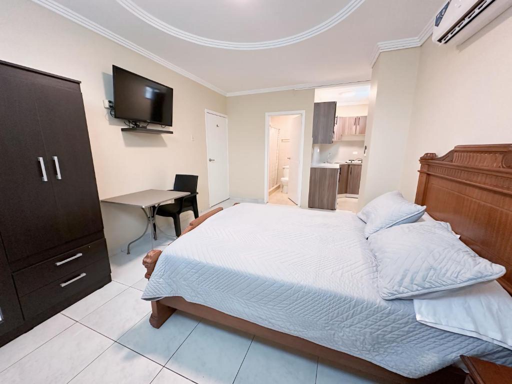 瓜亚基尔Suitesecu Guayaquil的一间卧室配有一张床、一张书桌和一台电视