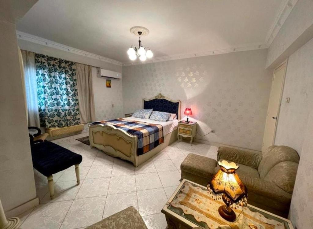 开罗Room for transit near airport的一间卧室设有一张床和一间客厅。