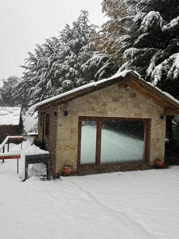 圣卡洛斯-德巴里洛切Casa con vista al lago的屋顶上积雪的小建筑