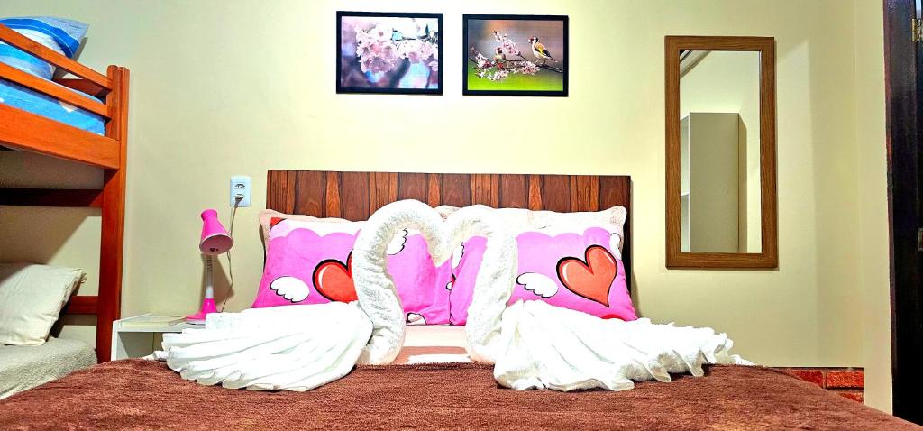 博阿维斯塔Hotel Cida Flats - Apartamento Charmoso com 300 Mbps的一间卧室配有带粉色和白色枕头的床