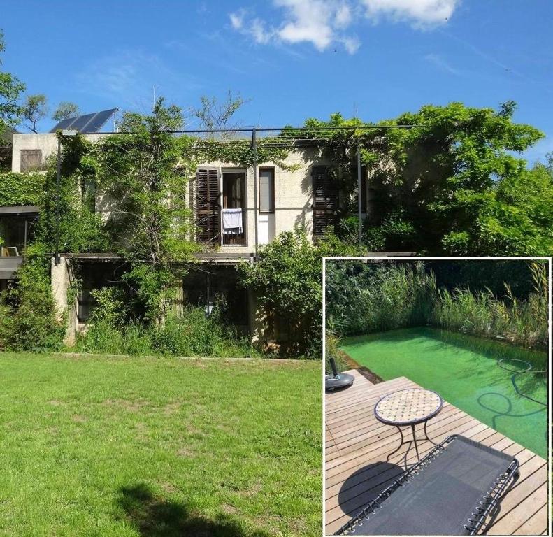 拉瓦雷特迪瓦尔Version Sud- Villa avec piscine végétal的两幅带房子和游泳池的院子照片