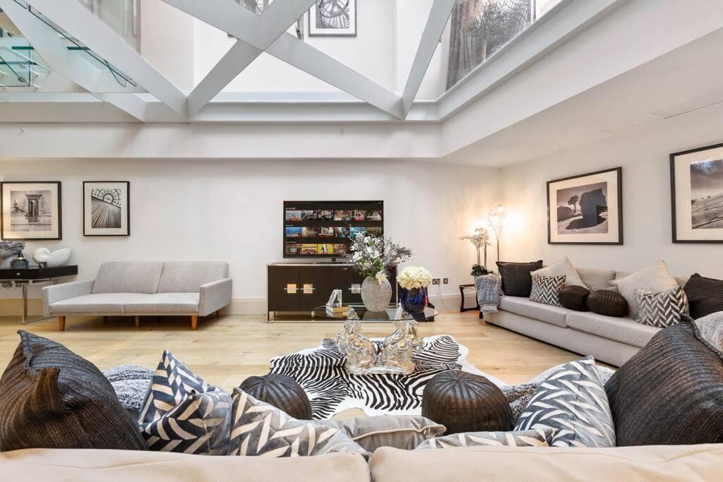 伦敦Park Lane Palace- Luxury Sleeps 10的带沙发和天花板的客厅