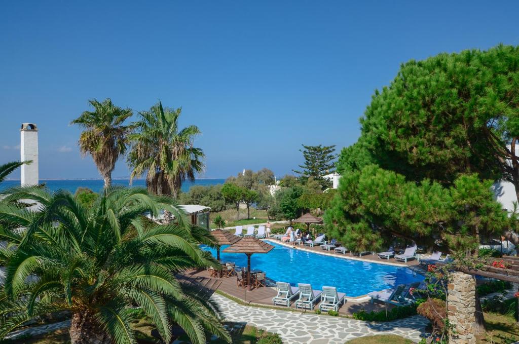 纳克索乔拉阿尔基尼海滩酒店的享有度假村游泳池的顶部景致