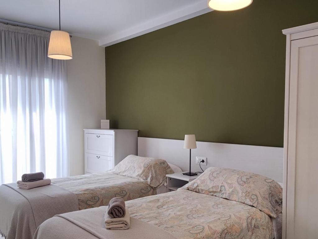 特伦普Ca l'Esmolet的绿墙客房内的两张床