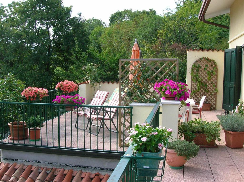 奥卡纳诺木之声住宿加早餐旅馆的阳台种有盆栽植物和鲜花