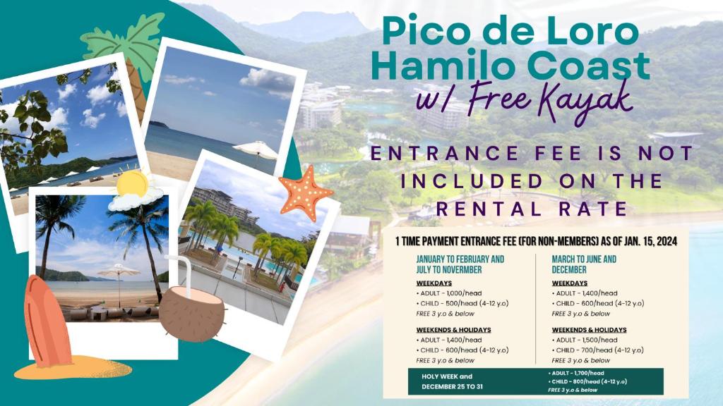 纳苏格布Pico de Loro Hamilo Coast w/FREE KAYAK的海滩照片上的夏威夷度假胜地的传单