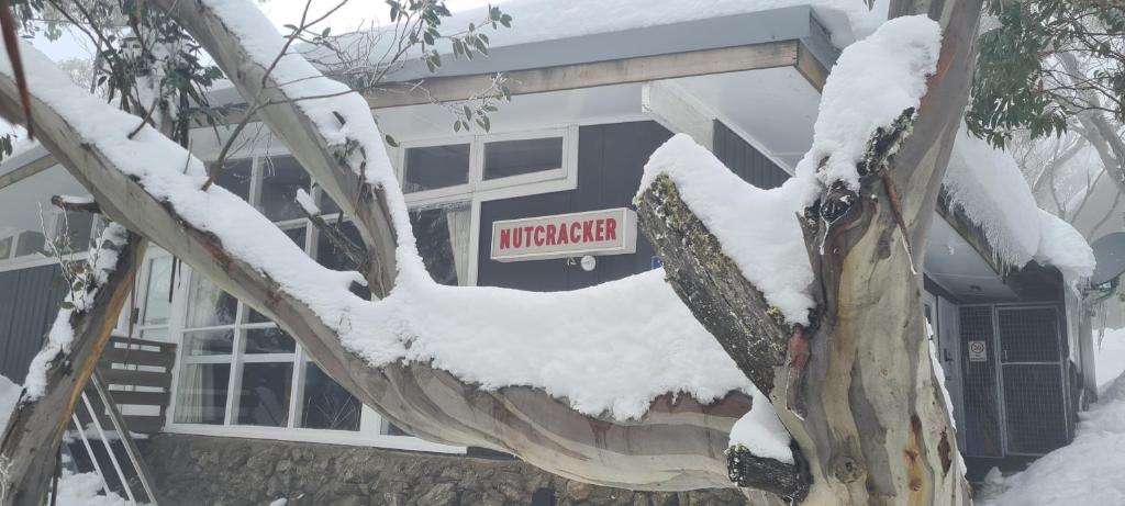 布勒山Nutcracker Ski Club的雪中建筑物的侧面标志