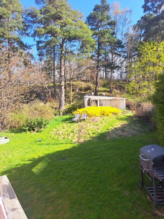 斯德哥尔摩Room in Bromma, Stockholm的公园内带两张野餐桌的草坪