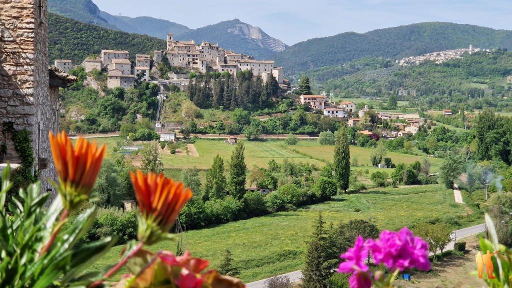 ArroneBorgo San Valentino的享有小镇的鲜花美景