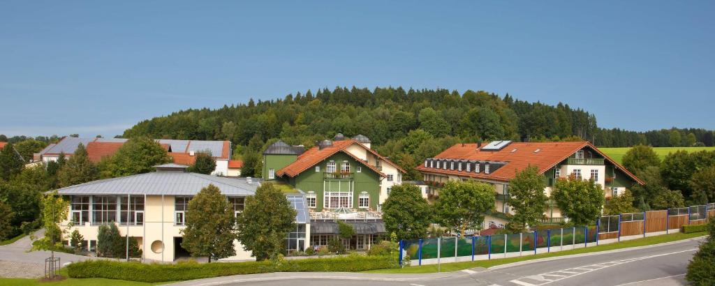 米斯巴赫Hotel Bayerischer Hof Miesbach, BW Premier Collection的山丘上一排房子,有路