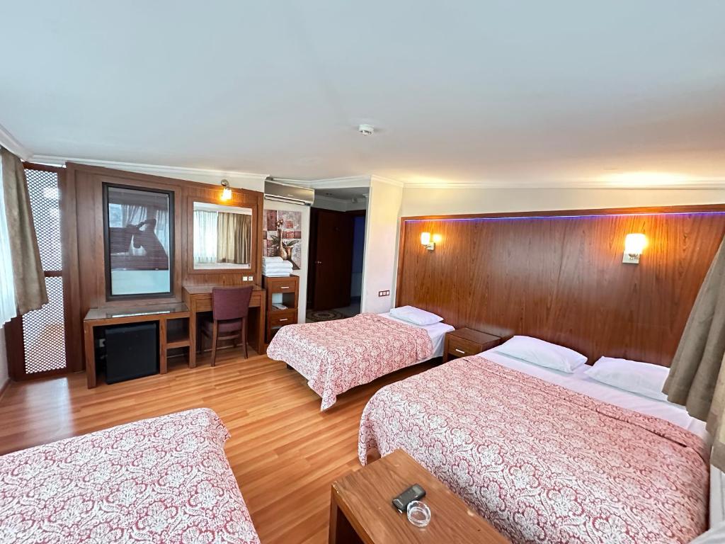 伊斯坦布尔Hotel Nayla的酒店客房设有两张床和电视。