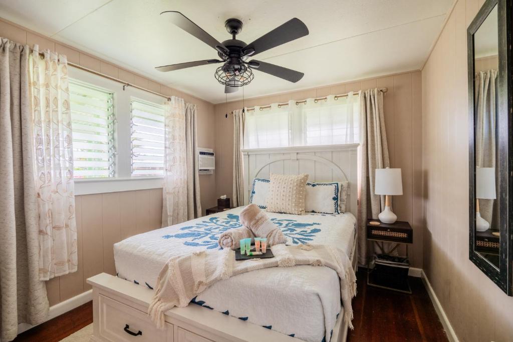 希洛Hale Leilani - Hilo 3BR cold AC的一间卧室配有一张带吊扇的床
