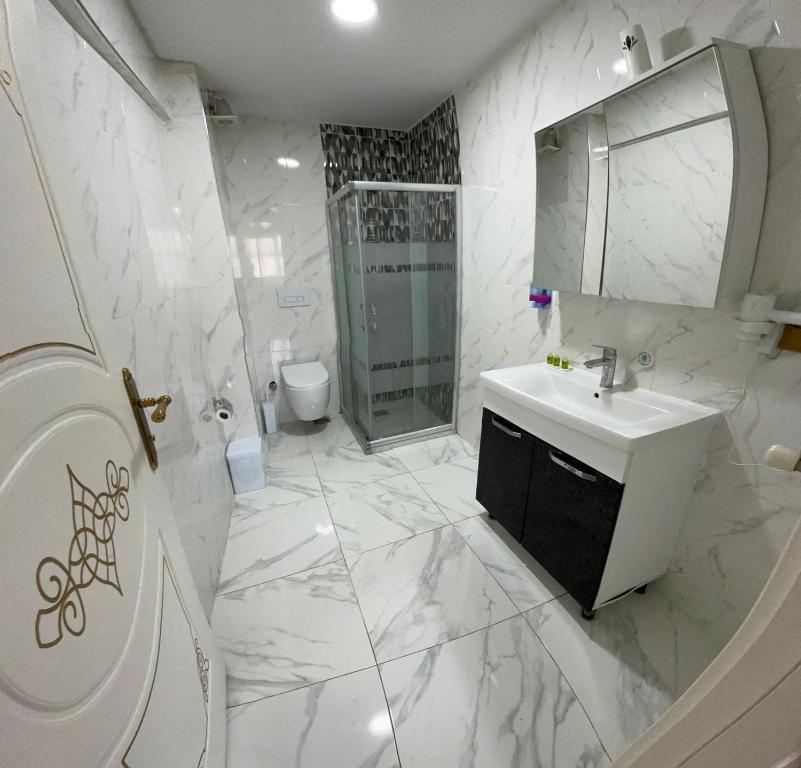 伊斯坦布尔AVRASYAQUEEN HOTEL的白色的浴室设有水槽和淋浴。