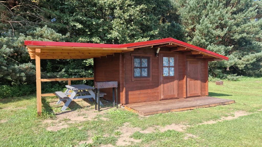 尼察SP camping Spāres Prieduļi的木屋,在草地上设有长凳