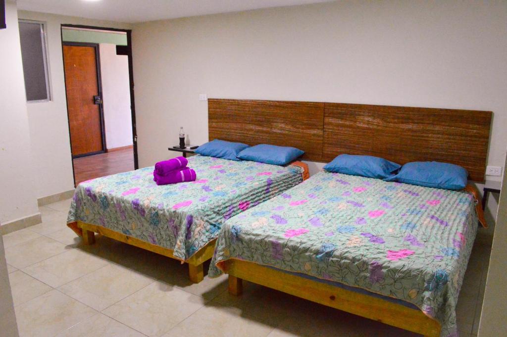 马萨特兰Posada Vacacional Brisas del Mar的一间卧室配有两张带蓝色和紫色枕头的床