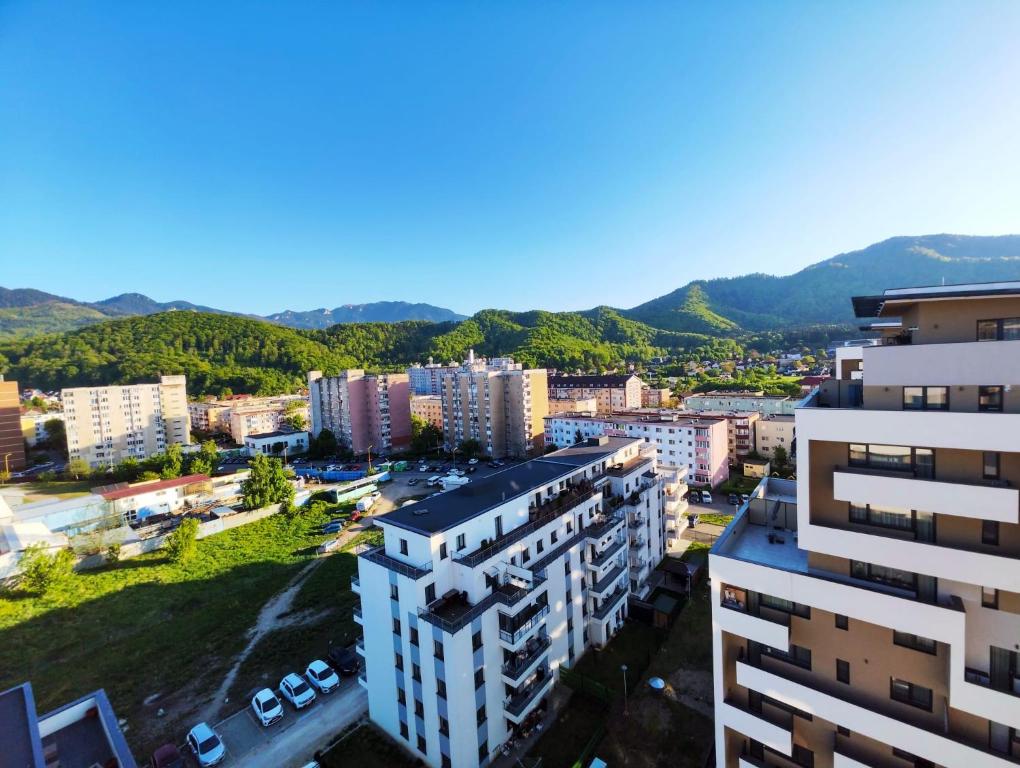 布拉索夫Mountain Breeze ApartTerrace的城市的空中景观,背景是群山