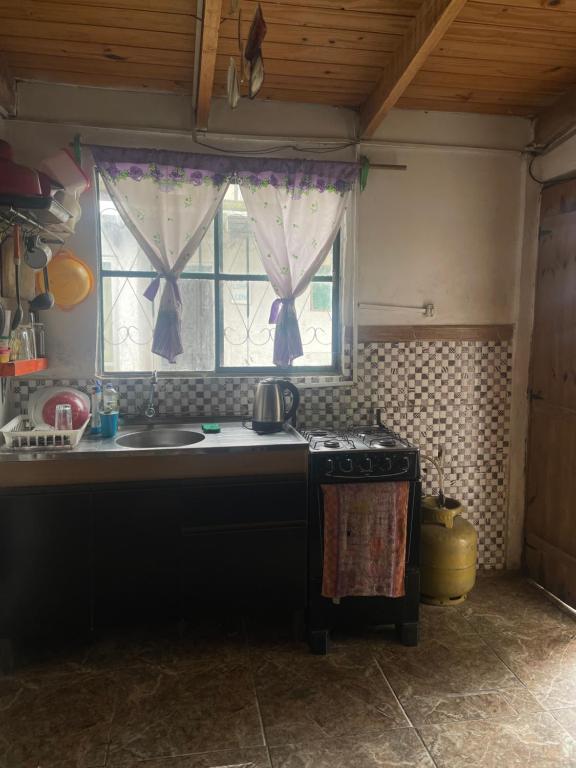 楚伊Tres Lunas Alojamiento Individual的厨房配有炉灶、水槽和窗户。