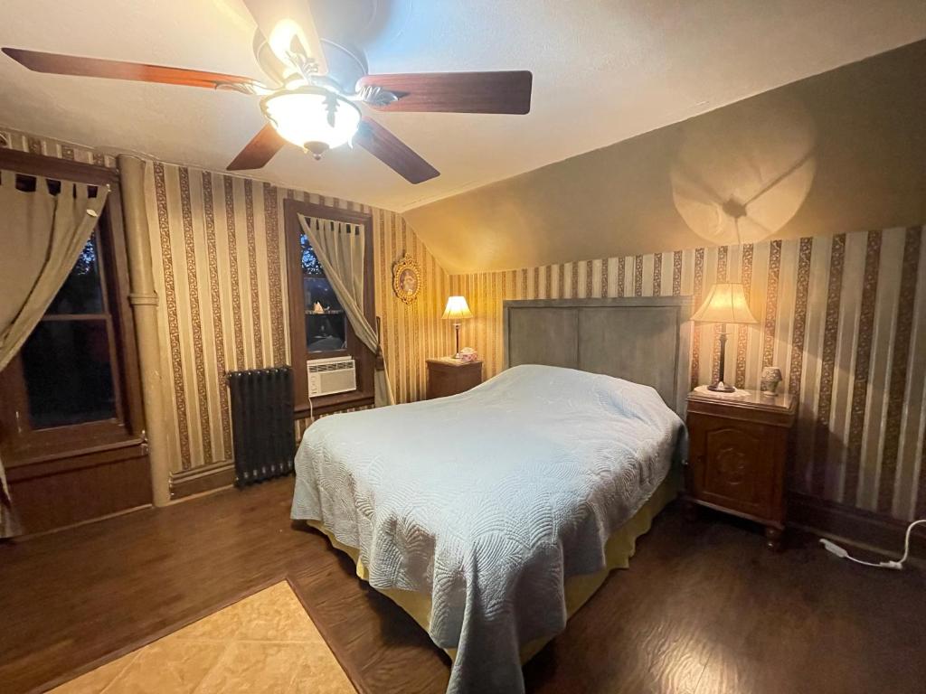 尼亚加拉瀑布THE RED STAR ROOM D的一间卧室配有一张床和吊扇