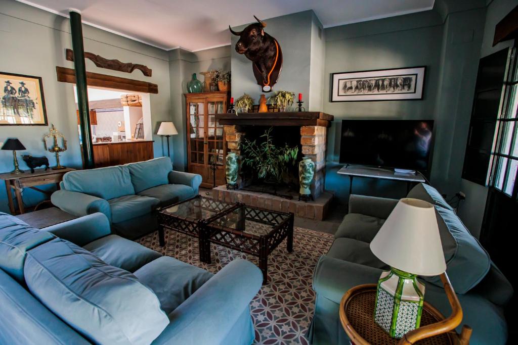 埃尔罗西奥Habitaciones El Rocio的客厅设有蓝色的沙发和壁炉