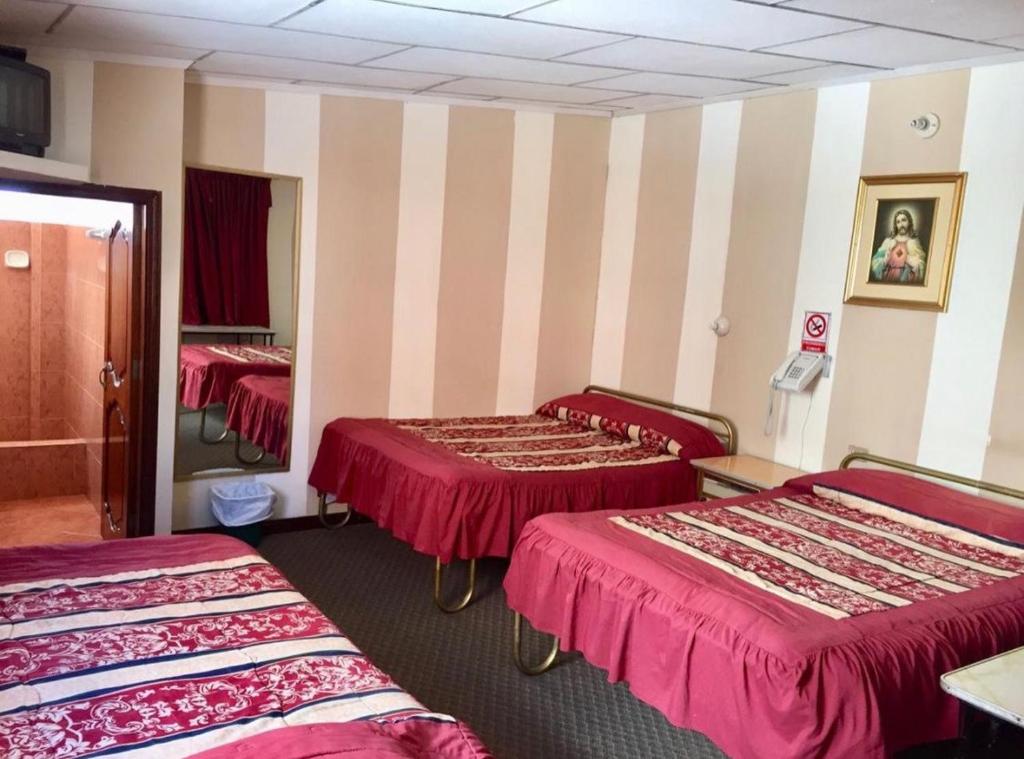洛哈Hotel Metropolitano的酒店客房,设有三张床和镜子