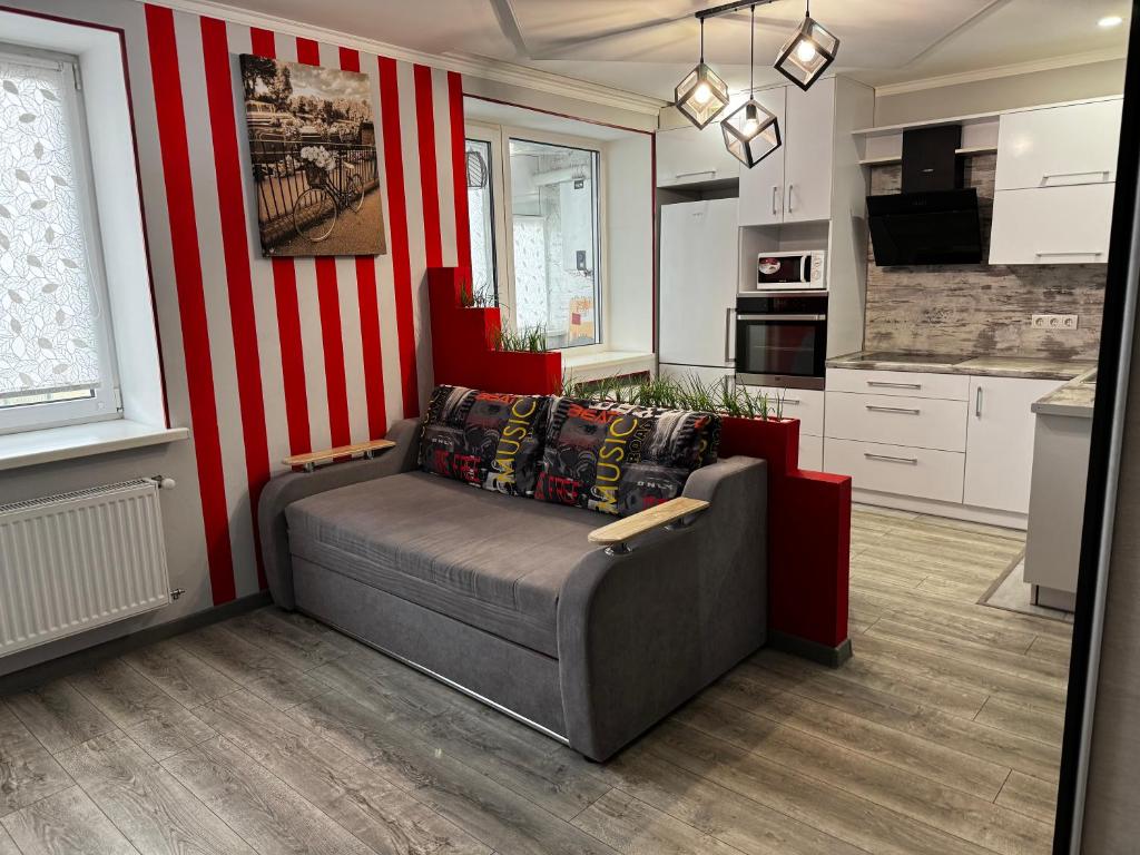 文尼察Apartment on Vatutina的带沙发和红色及白色条纹的客厅