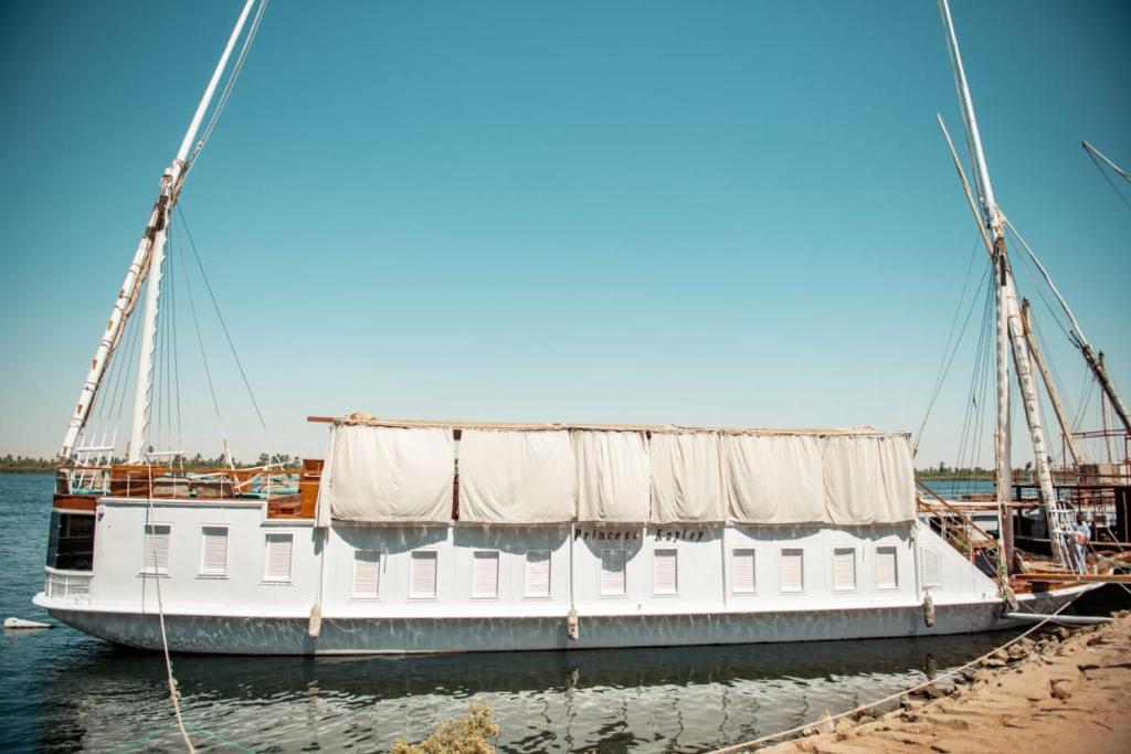 卢克索Dahabiya Nile Cruise的一艘白船停靠在码头